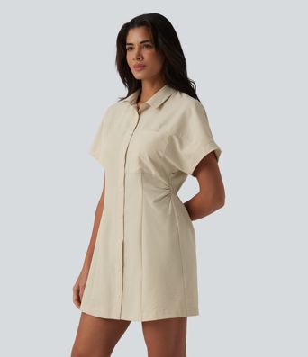 Short Sleeve Mini Work Shirt Dress with Pocket