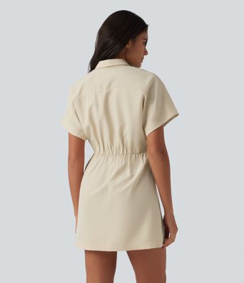 Short Sleeve Mini Work Shirt Dress with Pocket