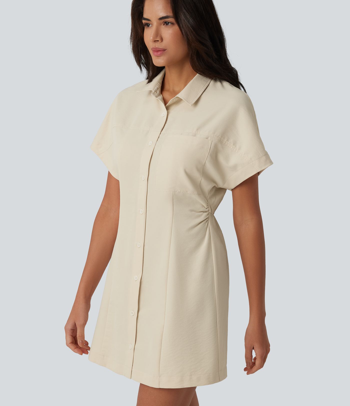 Short Sleeve Mini Work Shirt Dress with Pocket