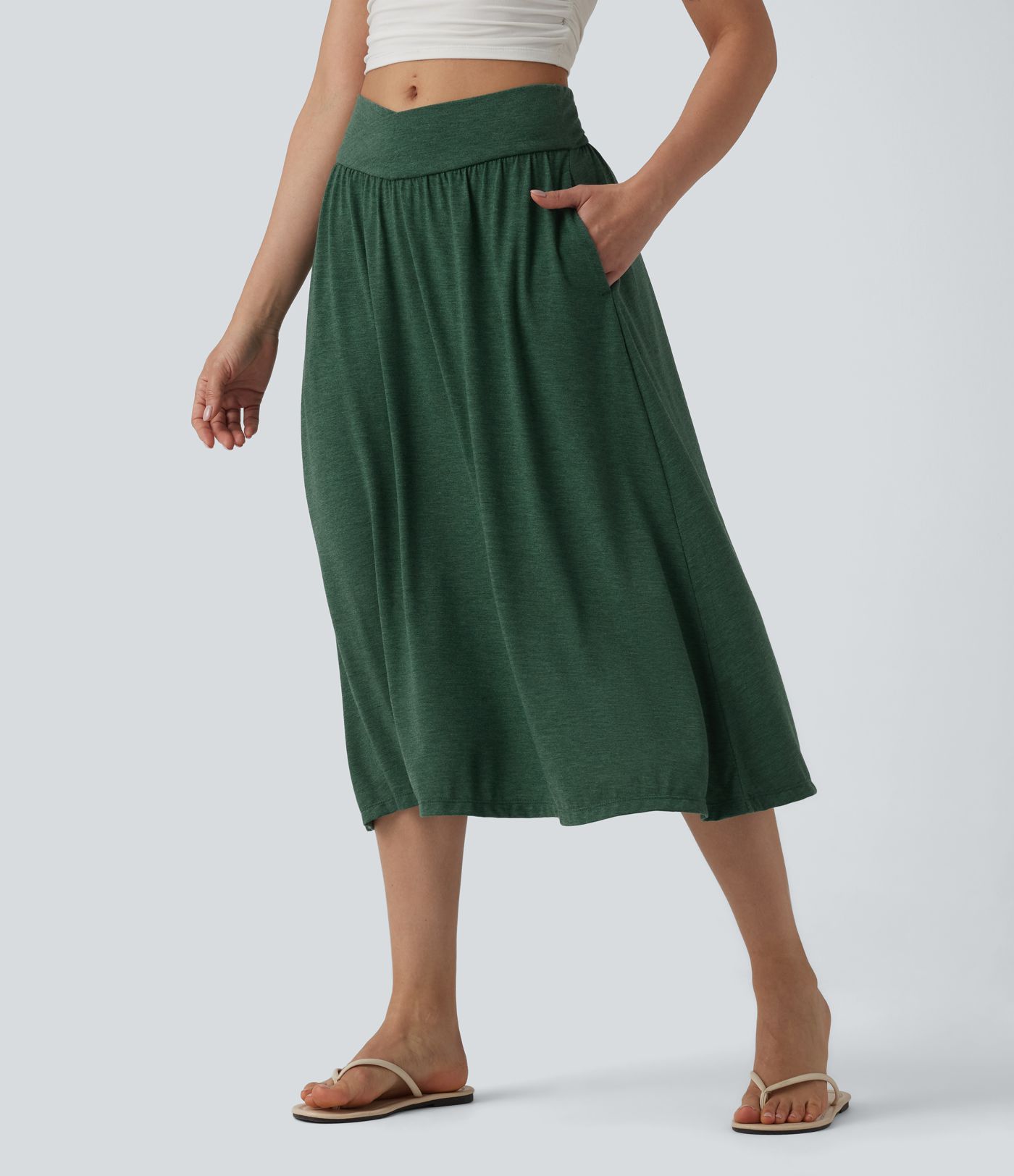 High Waisted Crossover Flowy Midi Casual Skirt with Pockets