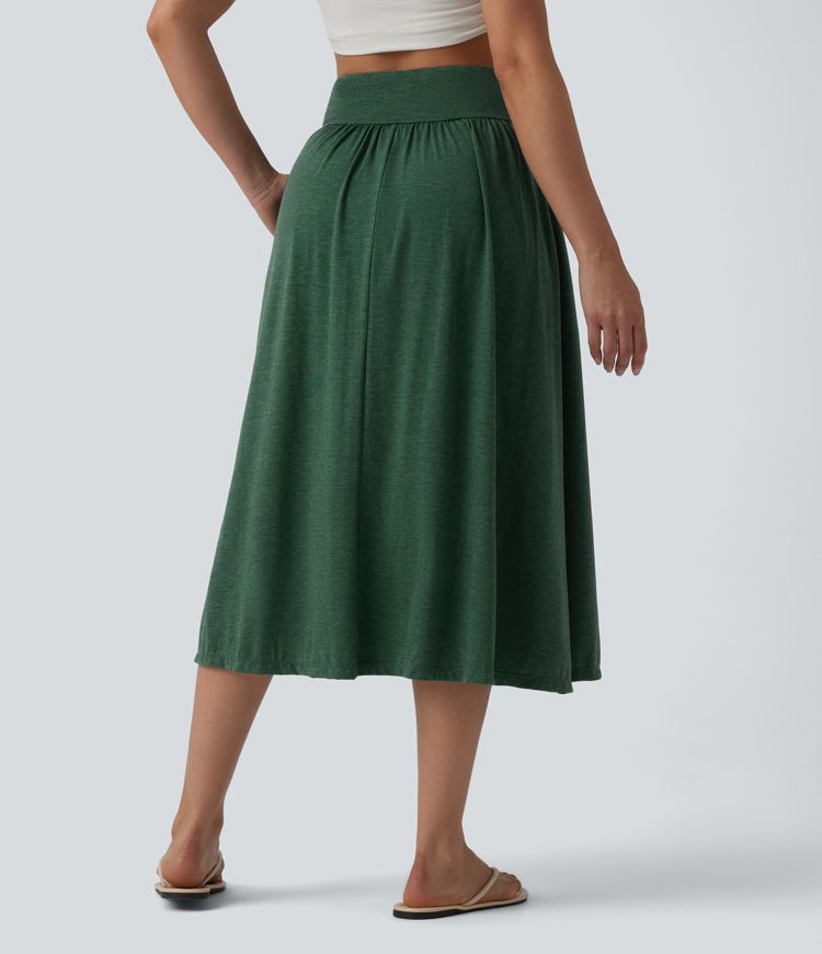 High Waisted Crossover Flowy Midi Casual Skirt with Pockets