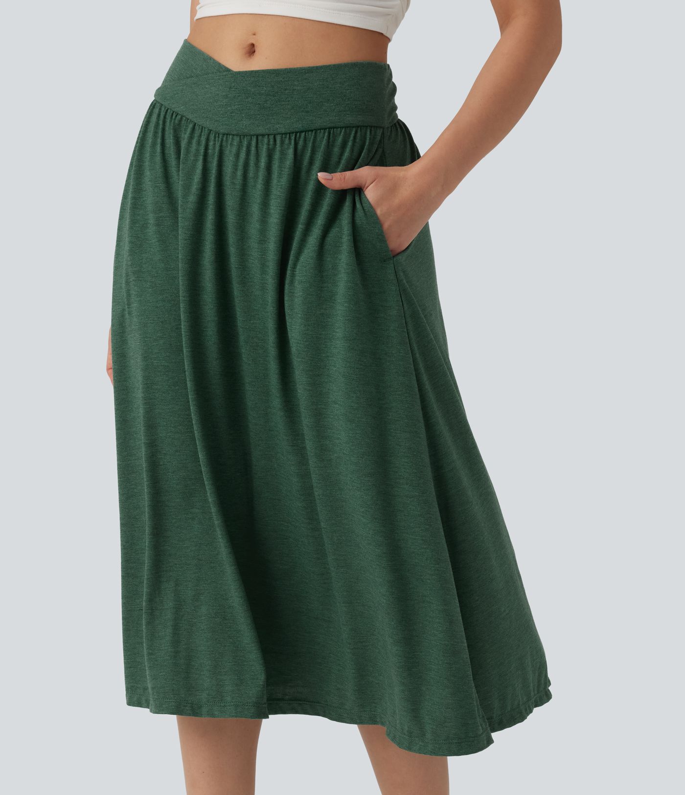 High Waisted Crossover Flowy Midi Casual Skirt with Pockets