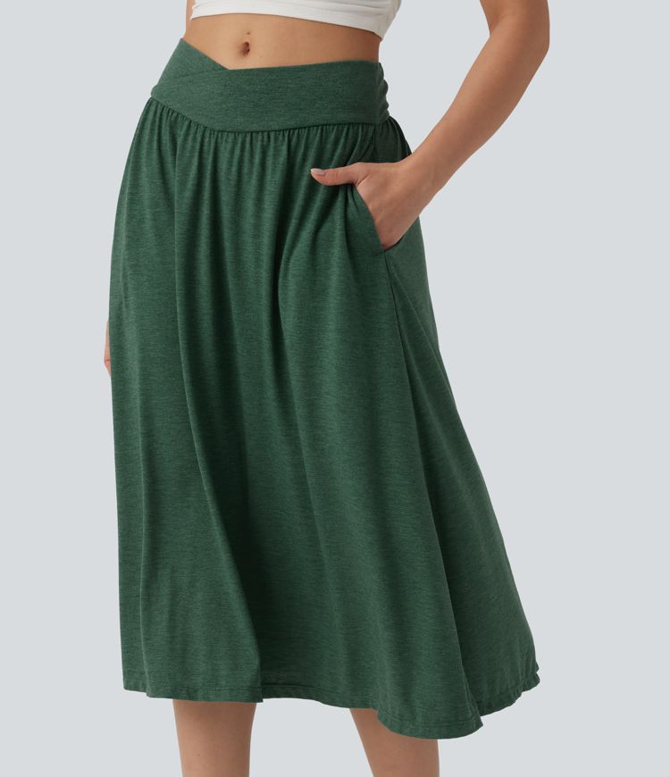 High Waisted Crossover Flowy Midi Casual Skirt with Pockets
