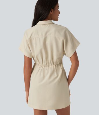 Short Sleeve Mini Work Shirt Dress with Pocket