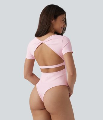 Twisted Backless U-neck Short Sleeve Skinny Casual Bodysuit Twisted Backless U-neck Short Sleeve Skinny Casual Bodysuit
