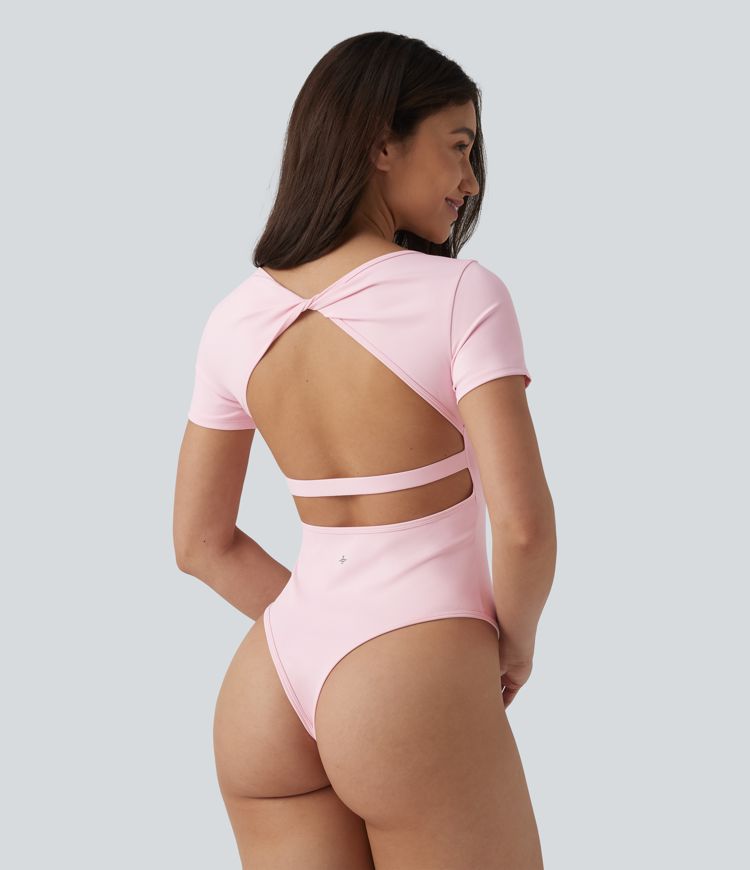 Twisted Backless U-neck Short Sleeve Skinny Casual Bodysuit Twisted Backless U-neck Short Sleeve Skinny Casual Bodysuit