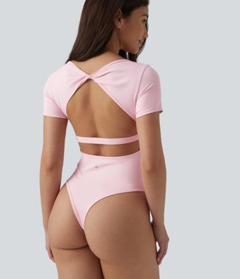 Twisted Backless U-neck Short Sleeve Skinny Casual Bodysuit Twisted Backless U-neck Short Sleeve Skinny Casual Bodysuit