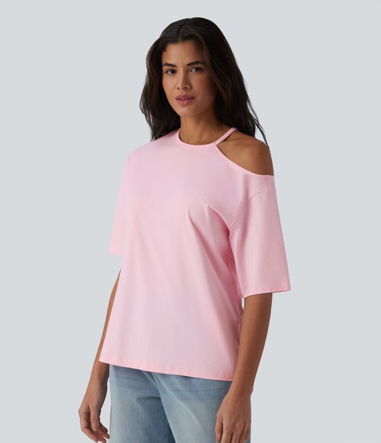 Round Neck Cut Out Half Sleeve Casual Cotton T-Shirt