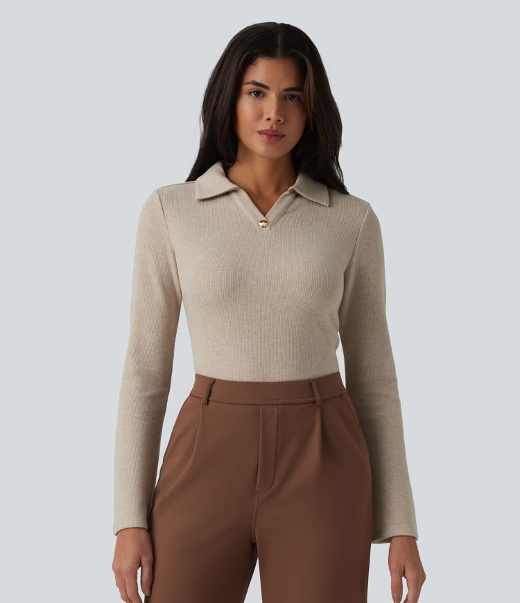 Ribbed Flounce Long Sleeve Work Top