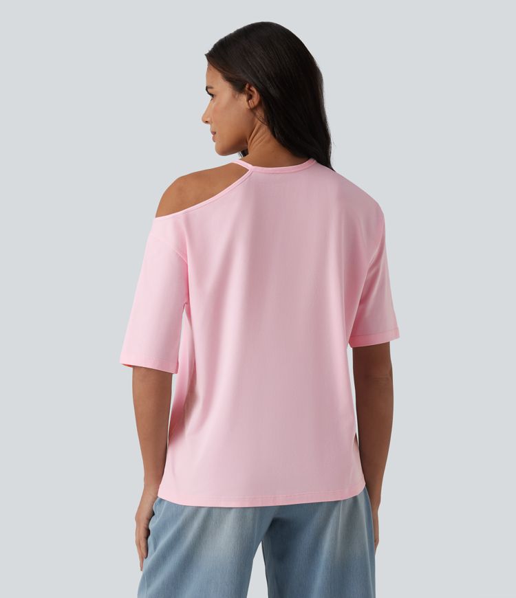 Round Neck Cut Out Half Sleeve Casual Cotton T-Shirt