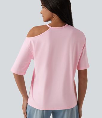 Round Neck Cut Out Half Sleeve Casual Cotton T-Shirt