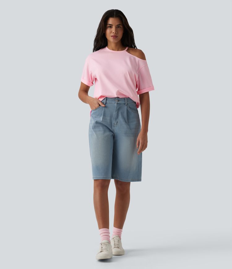 Round Neck Cut Out Half Sleeve Casual Cotton T-Shirt