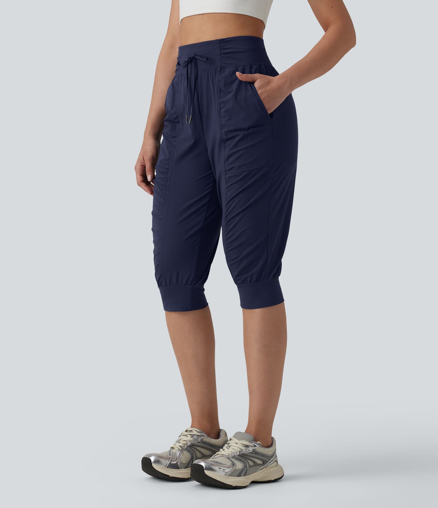 High Waisted Drawstring Ruched Tapered Pedal Pusher Quick Dry Cool Touch Dance Joggers with Pockets-UPF40+