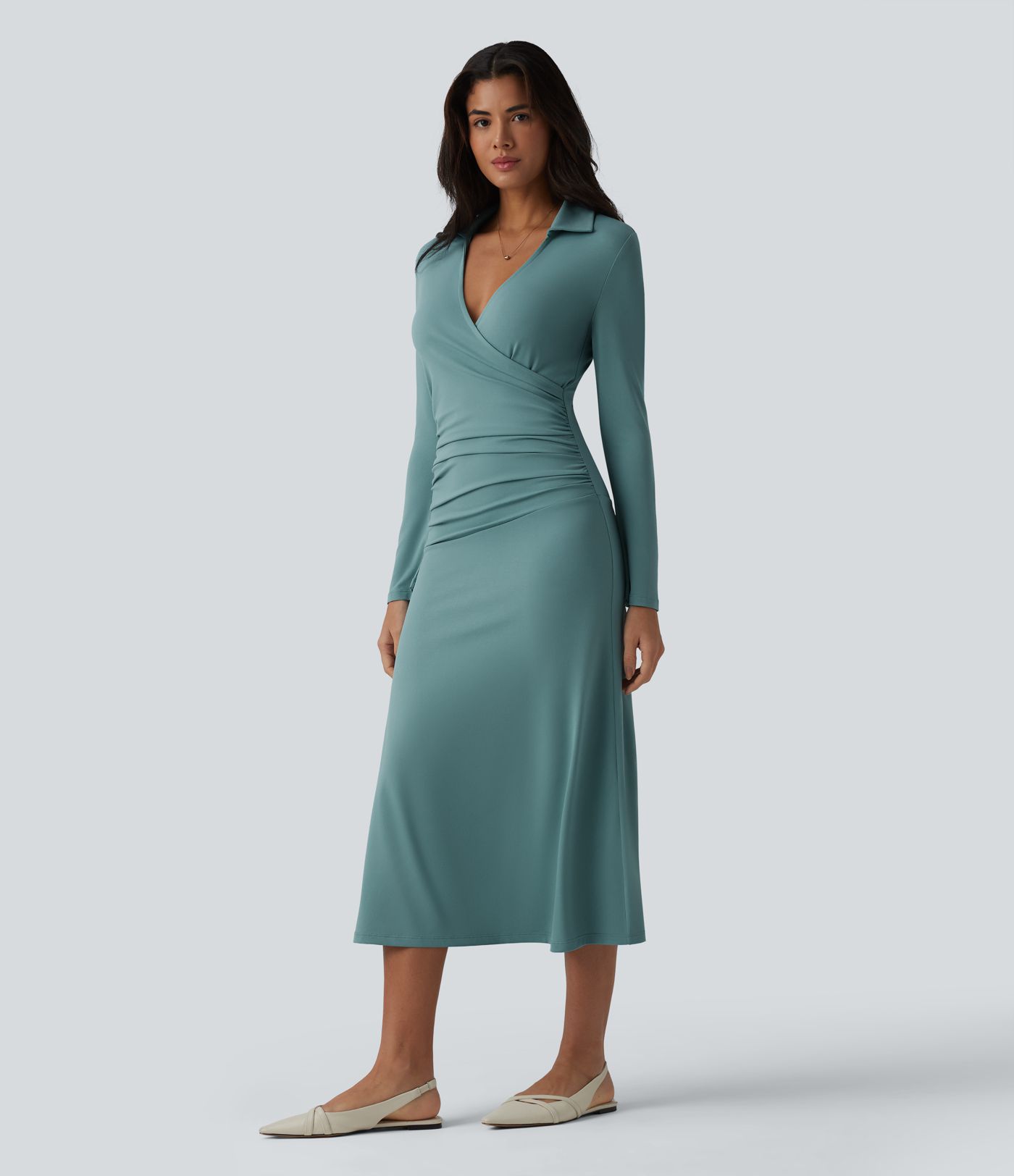 V Neck Long Sleeve Ruched Midi Casual Dress