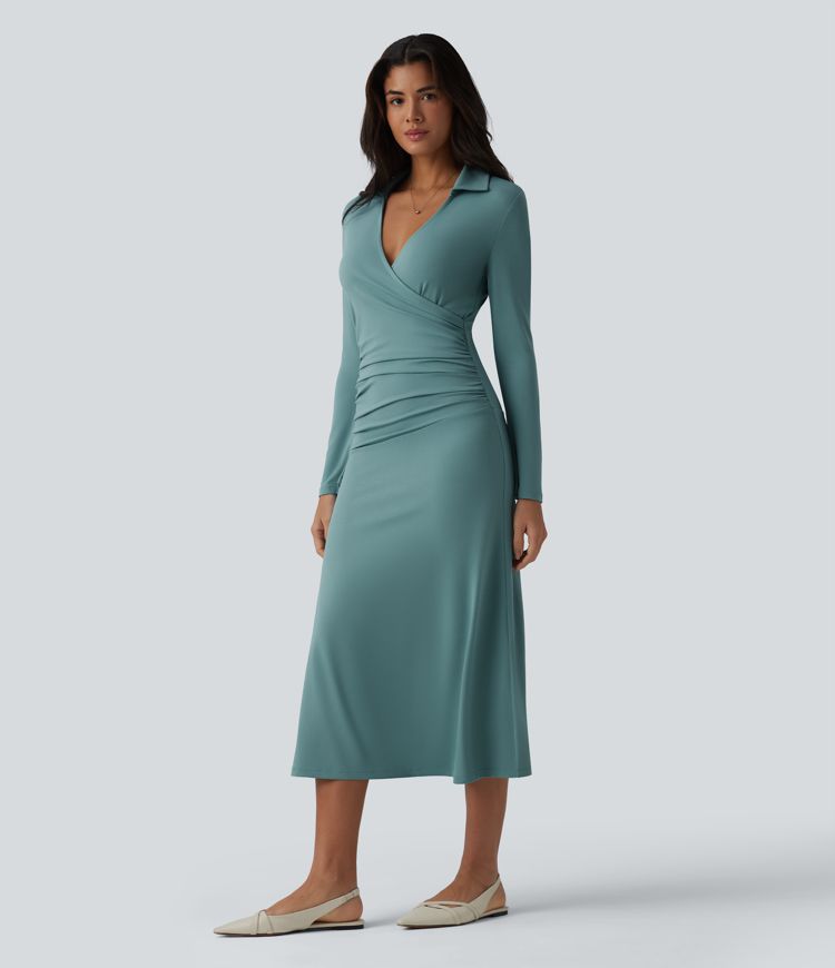V Neck Long Sleeve Ruched Midi Casual Dress