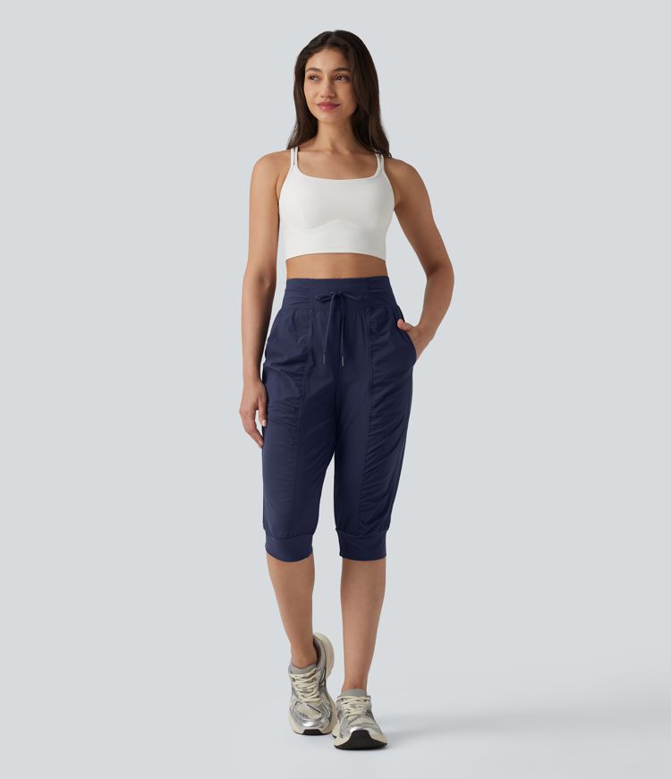 High Waisted Drawstring Ruched Tapered Pedal Pusher Quick Dry Cool Touch Dance Joggers with Pockets-UPF40+