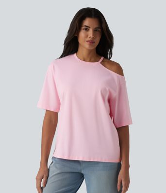 Round Neck Cut Out Half Sleeve Casual Cotton T-Shirt