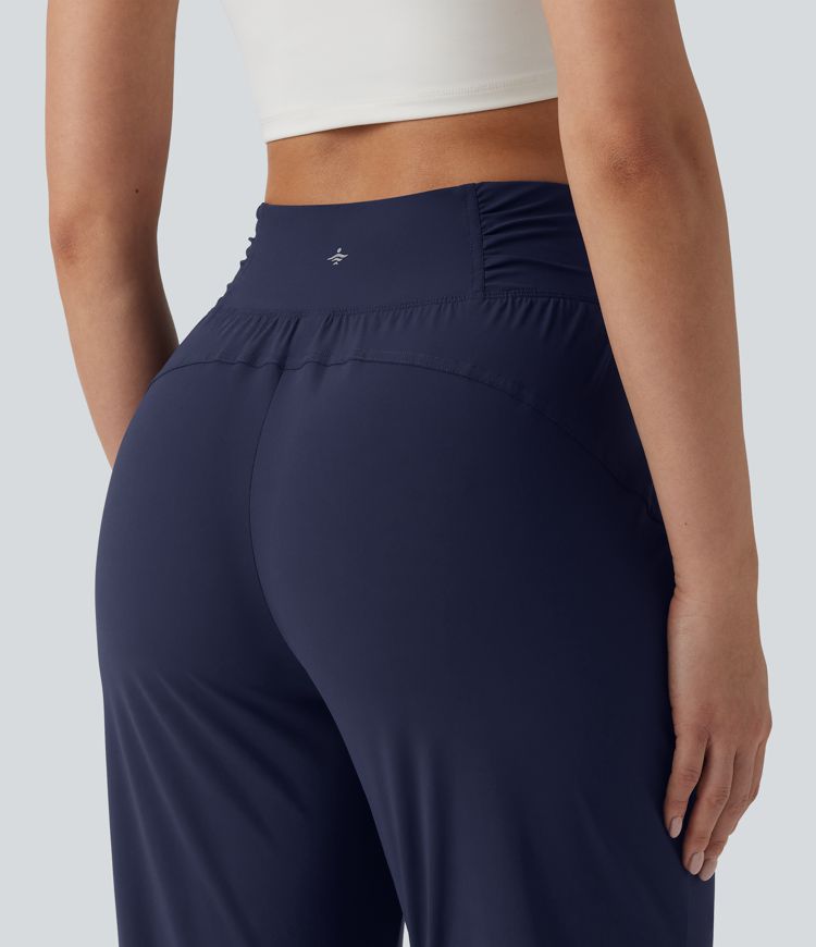 High Waisted Drawstring Ruched Tapered Pedal Pusher Quick Dry Cool Touch Dance Joggers with Pockets-UPF40+