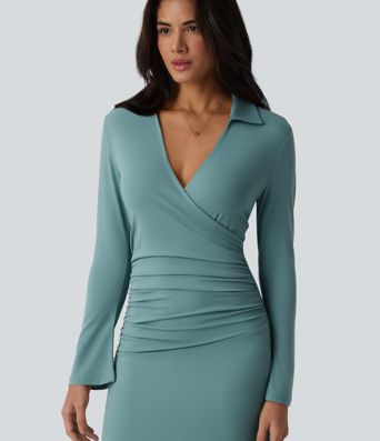 V Neck Long Sleeve Ruched Midi Casual Dress