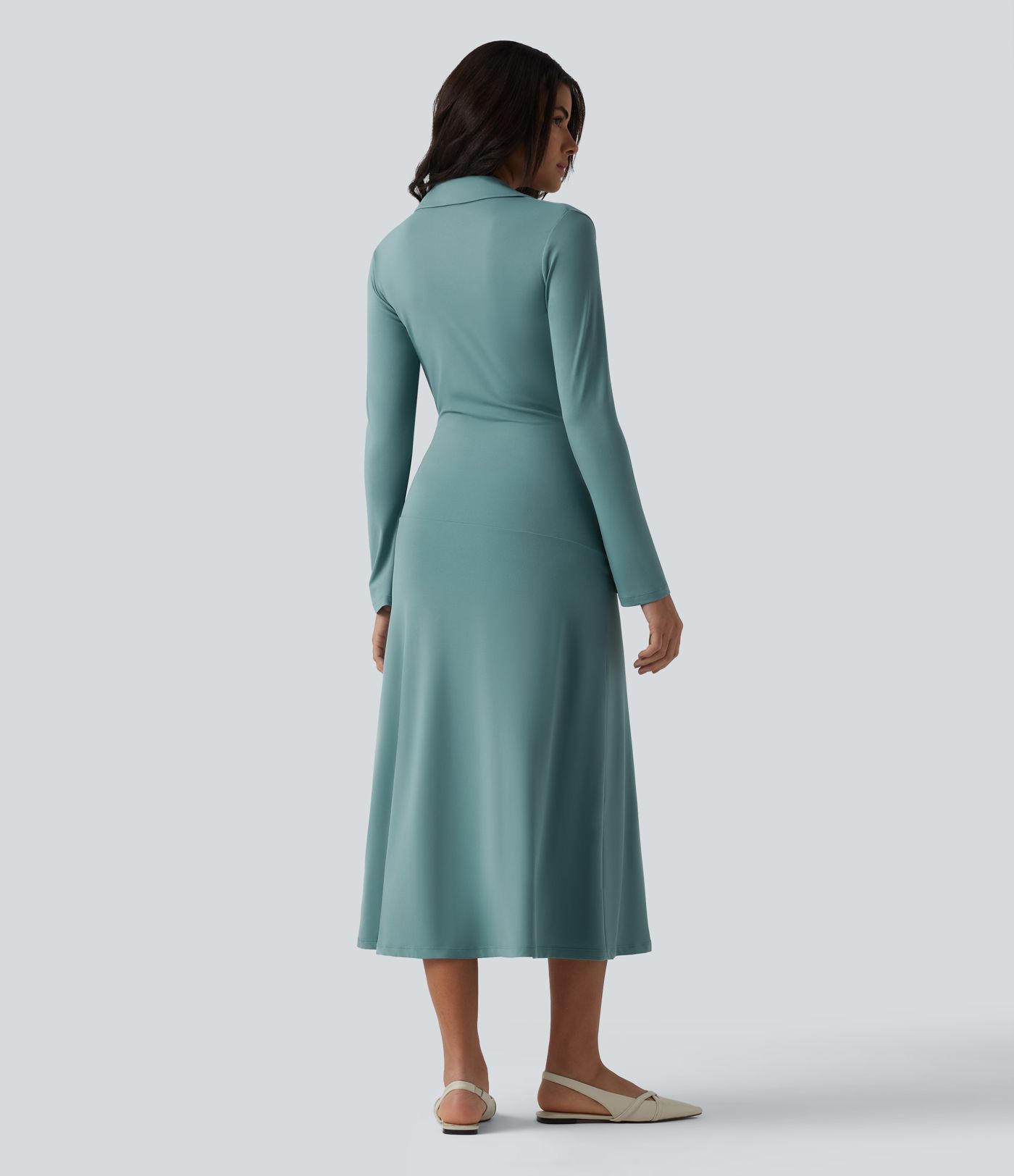 V Neck Long Sleeve Ruched Midi Casual Dress