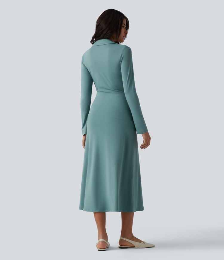 V Neck Long Sleeve Ruched Midi Casual Dress