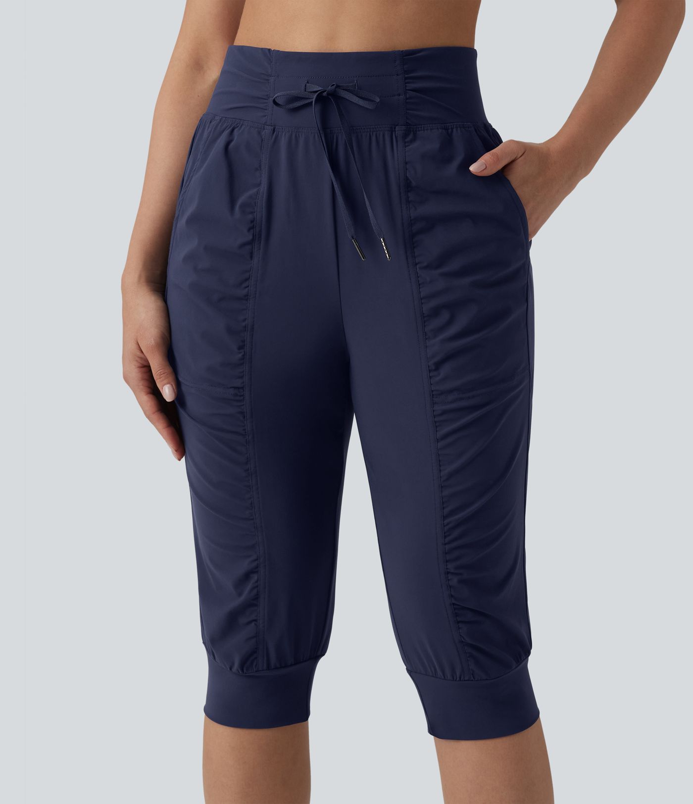 High Waisted Drawstring Ruched Tapered Pedal Pusher Quick Dry Cool Touch Dance Joggers with Pockets-UPF40+
