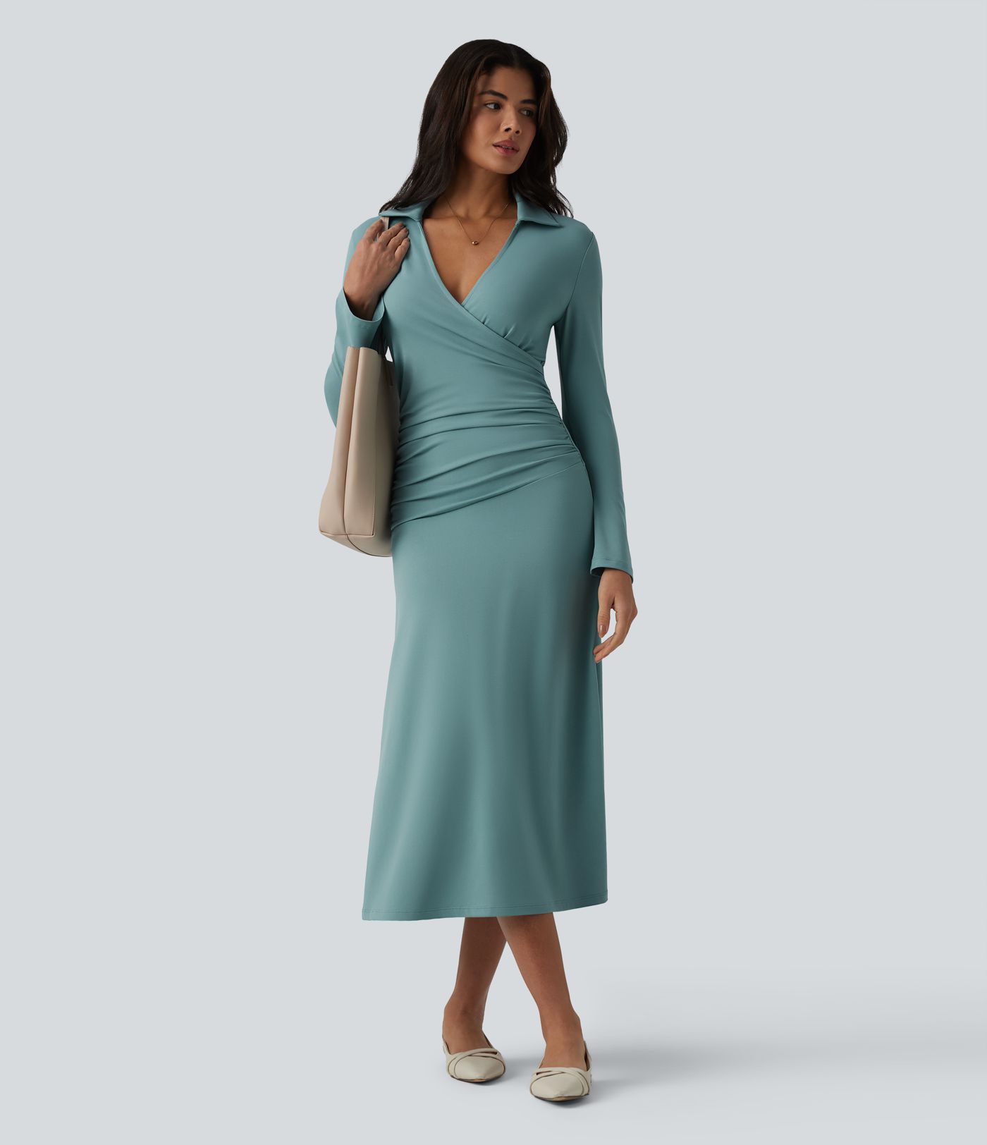 V Neck Long Sleeve Ruched Midi Casual Dress