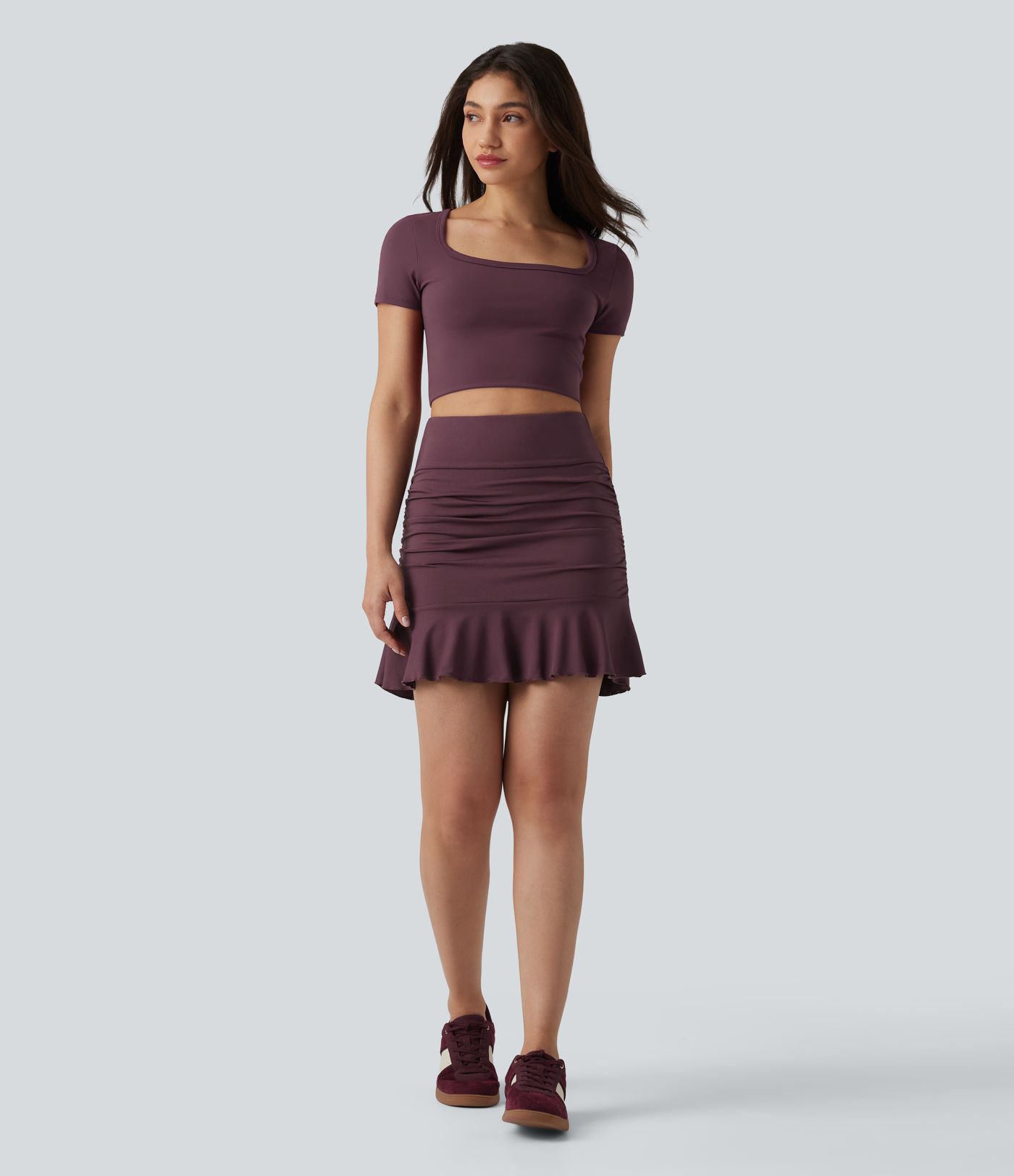 High Waisted Tummy Control 2-in-1 Ruched Ruffle Hem Bodycon Mini Casual Skirt