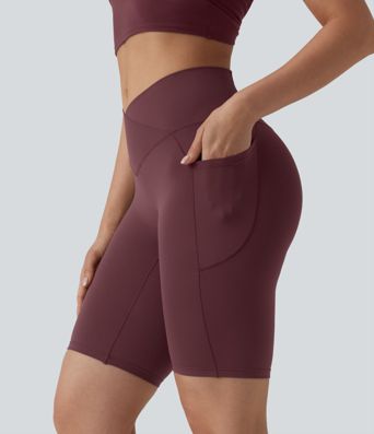 SoftlyZero™ High Waisted Crossover Yoga Biker Shorts 9'' with Pockets-UPF50+