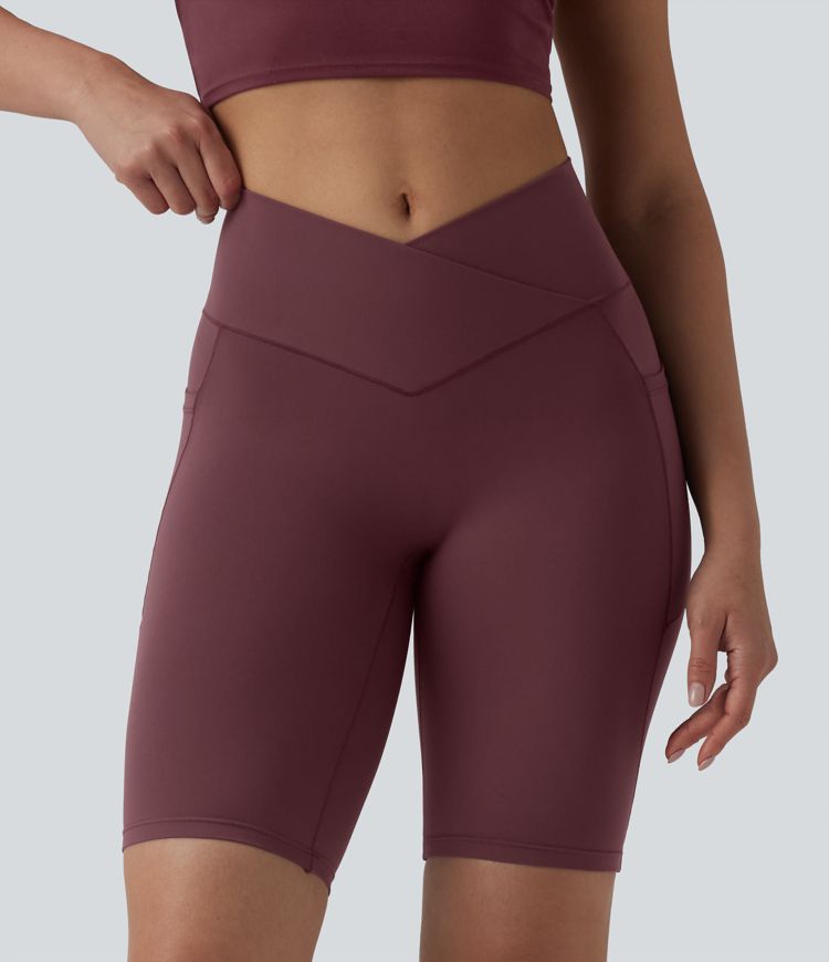 SoftlyZero™ High Waisted Crossover Yoga Biker Shorts 9'' with Pockets-UPF50+