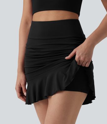 Hoog getaillleerde, buikcorrigerende 2-in-1 bodycon minirok met ruches en volantzoom, casual