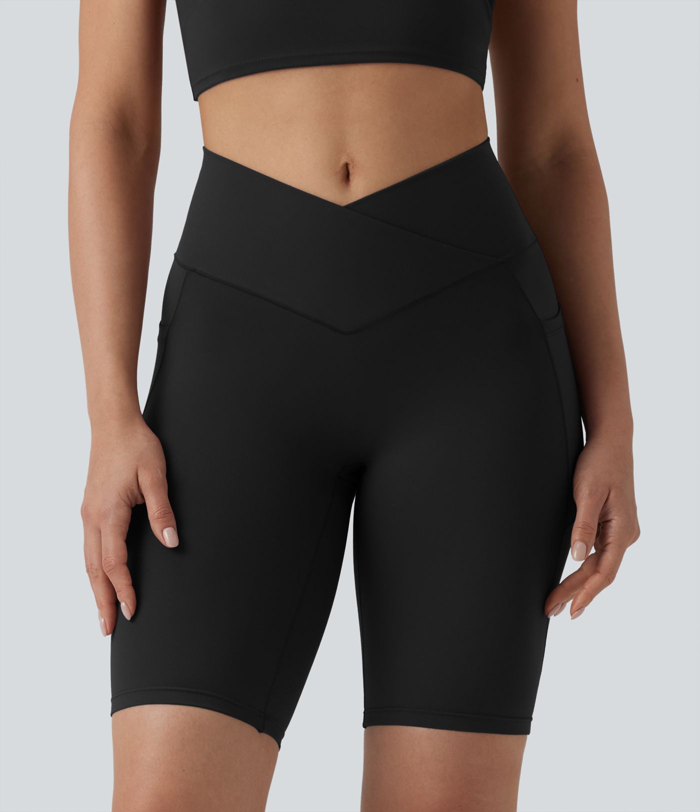 SoftlyZero™ High Waisted Crossover Yoga Bike Shorts 9'' with Pockets-UPF50+