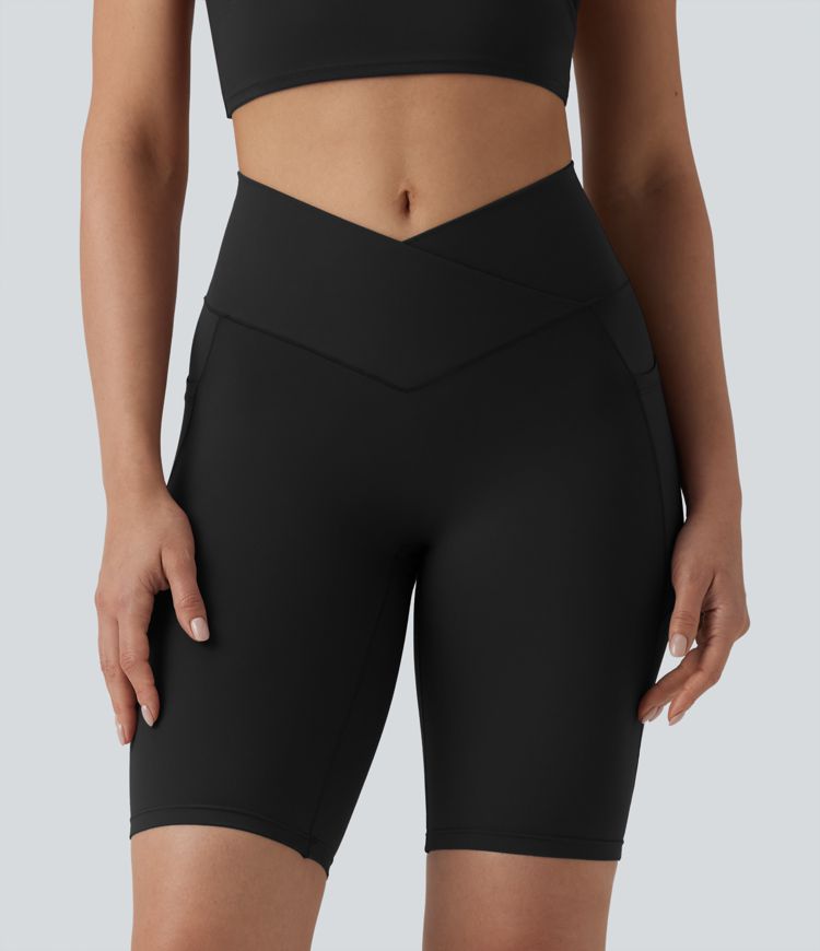 SoftlyZero™ High Waisted Crossover Yoga Bike Shorts 9'' with Pockets-UPF50+