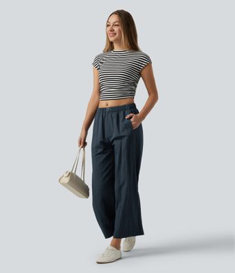 Pantalon décontracté taille mi-haute à coupe large avec poches