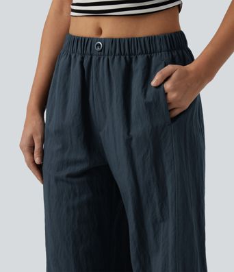 Pantalon décontracté taille mi-haute à coupe large avec poches