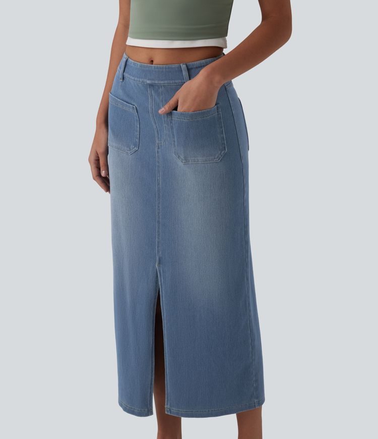 Halara Flex™ Mid Rise Denim Midi Casual Skirt with Pockets