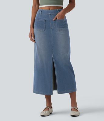 Halara Flex™ Mid Rise Denim Midi Casual Skirt with Pockets