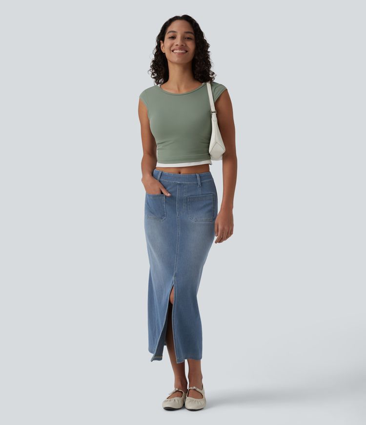 Halara Flex™ Mid Rise Denim Midi Casual Skirt with Pockets