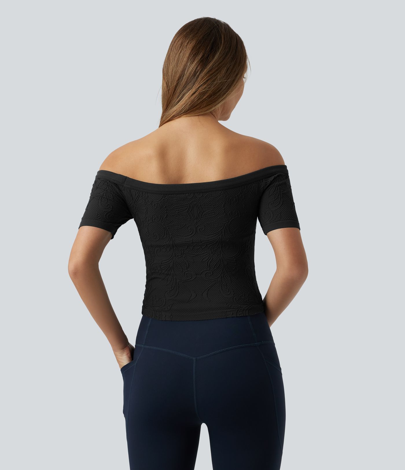 OneForm Seamless Flow Off Shoulder Short Sleeve Built-in Bra Cropped Yoga Sports Top