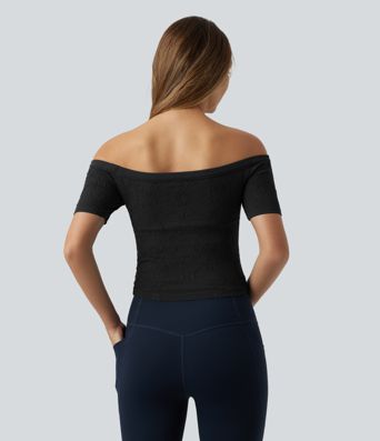 OneForm Seamless Flow Off Shoulder Short Sleeve Built-in Bra Cropped Yoga Sports Top
