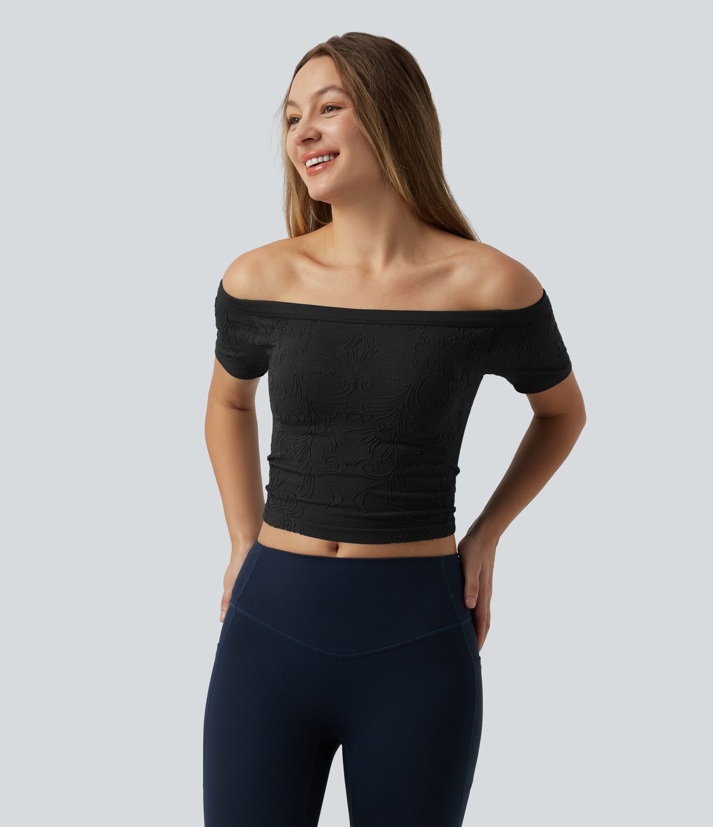 OneForm Seamless Flow Off Shoulder Short Sleeve Built-in Bra Cropped Yoga Sports Top