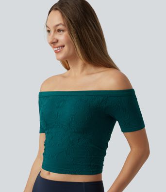 OneForm Seamless Flow Off Shoulder Short Sleeve Built-in Bra Cropped Yoga Sports Top OneForm Seamless Flow Off Shoulder Short Sleeve Built-in Bra Cropped Yoga Sports Top