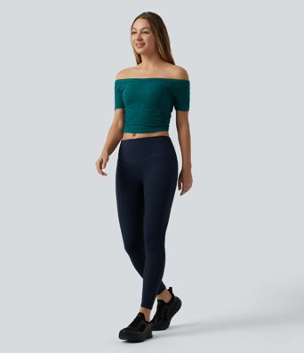 OneForm Seamless Flow Off Shoulder Short Sleeve Built-in Bra Cropped Yoga Sports Top OneForm Seamless Flow Off Shoulder Short Sleeve Built-in Bra Cropped Yoga Sports Top