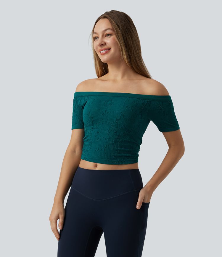 OneForm Seamless Flow Off Shoulder Short Sleeve Built-in Bra Cropped Yoga Sports Top OneForm Seamless Flow Off Shoulder Short Sleeve Built-in Bra Cropped Yoga Sports Top