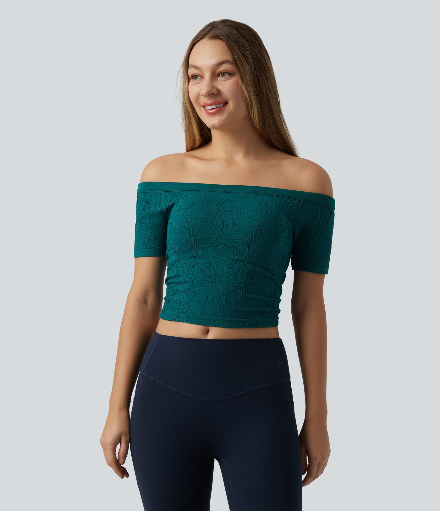 OneForm Seamless Flow Off Shoulder Short Sleeve Built-in Bra Cropped Yoga Sports Top OneForm Seamless Flow Off Shoulder Short Sleeve Built-in Bra Cropped Yoga Sports Top