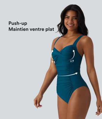 Maillot de bain une pièce gainant push-up col Queen Anne bretelles ajustables torsadé froncé