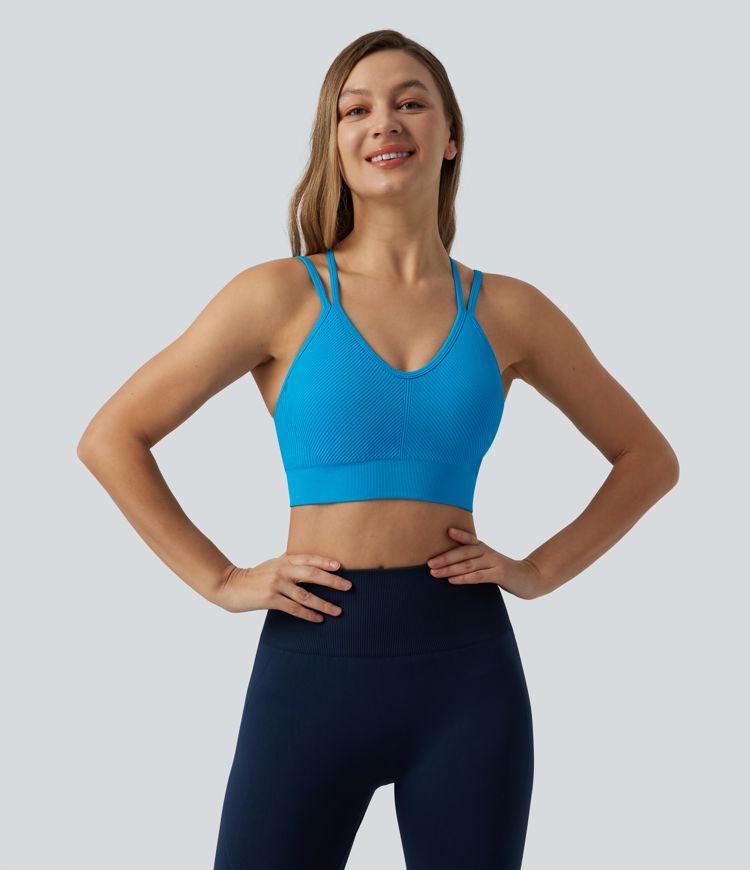 Brassière de sport yoga OneForm sans couture Flow maintien léger col V dos croisé ouvert avec soutien-gorge intégré, coupe cropped