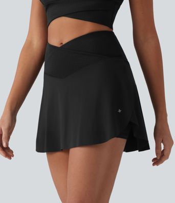 High Waisted Crossover 2-in-1 Mini Pickleball Skirt with Pockets