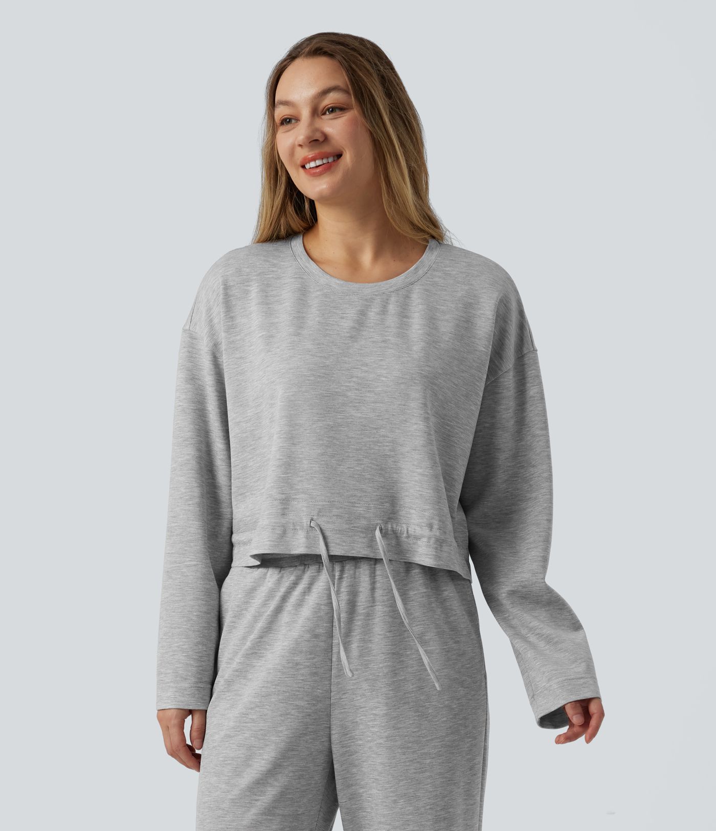 Lounge-Top mit Rundhalsausschnitt, langen Ärmeln und Kordelzug