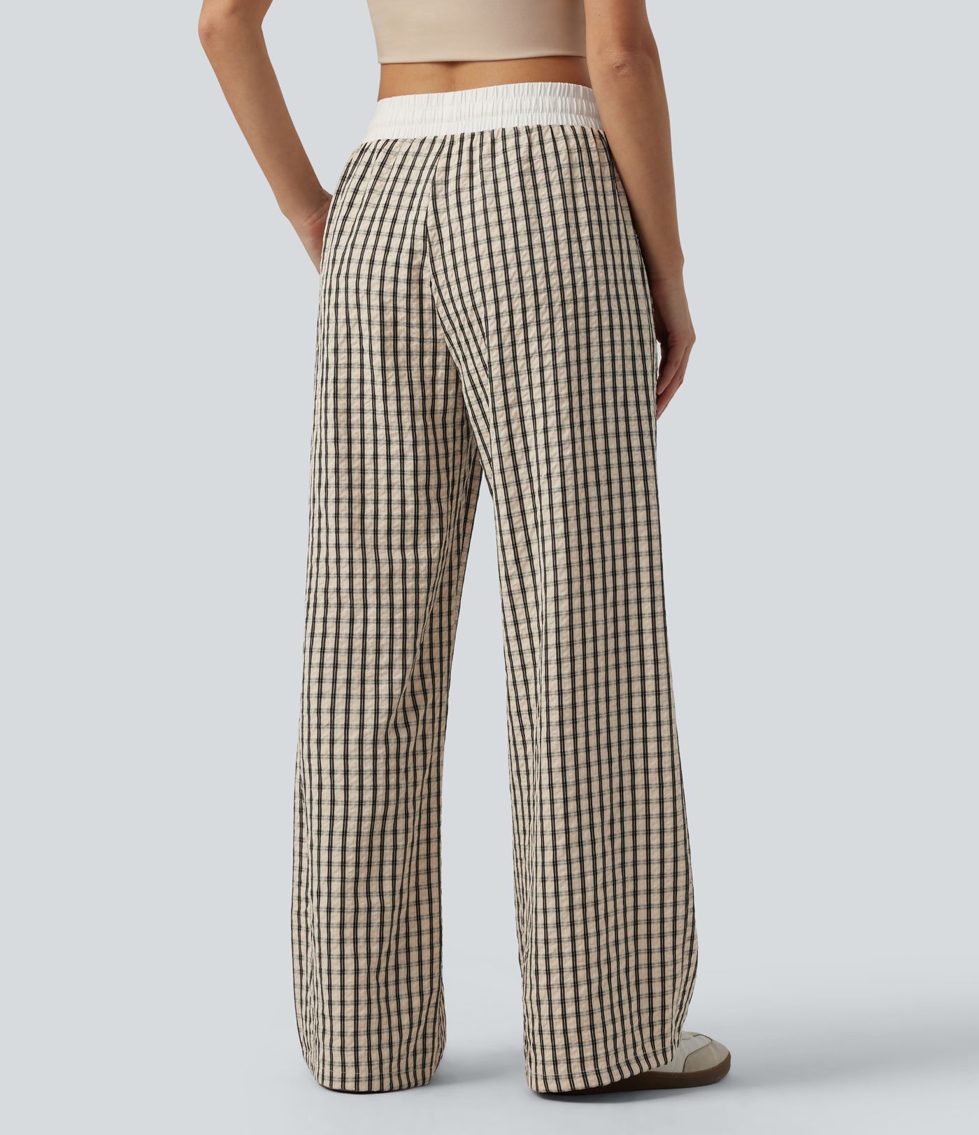 Mid Rise Drawstring Wide Leg Plaid Casual Trousers with Pockets